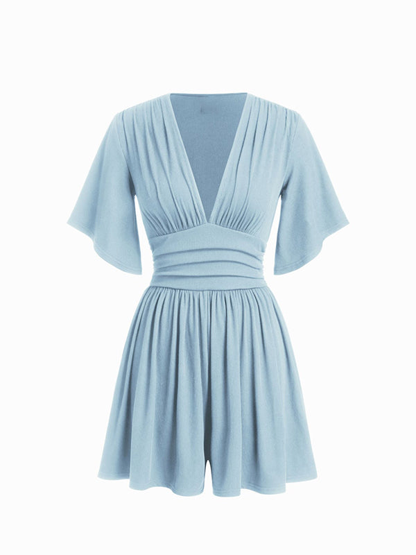 Women's Deep V-neck Pleated High-waisted Short-sleeved Jumpsuit Shorts