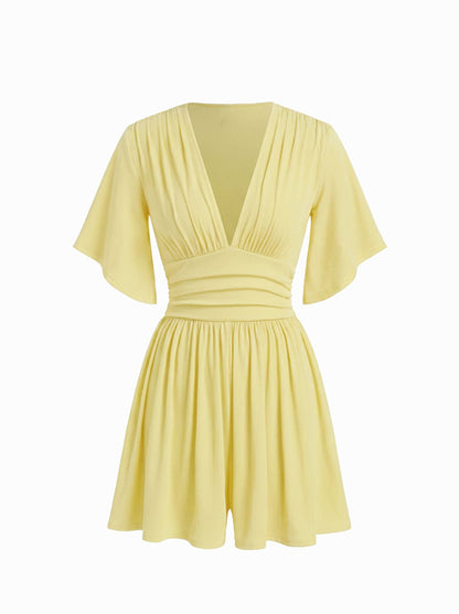 Women's Deep V-neck Pleated High-waisted Short-sleeved Jumpsuit Shorts