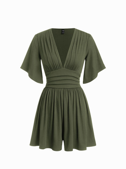 Women's Deep V-neck Pleated High-waisted Short-sleeved Jumpsuit Shorts