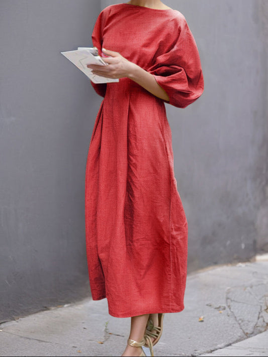 Half Sleeves Loose Solid Color Round-neck Maxi Dresses