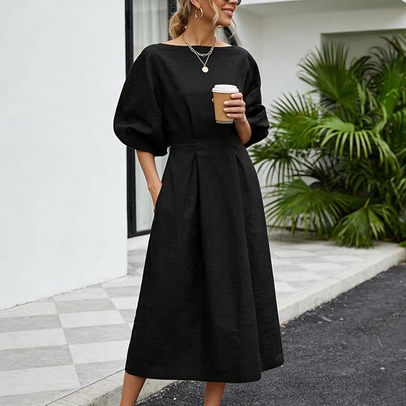 Half Sleeves Loose Solid Color Round-neck Maxi Dresses