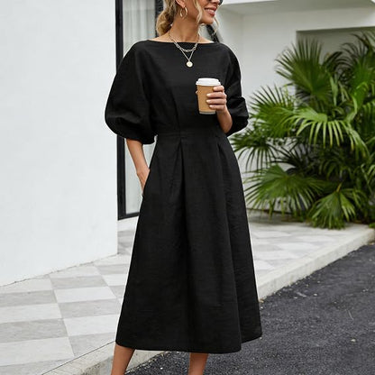 Half Sleeves Loose Solid Color Round-neck Maxi Dresses