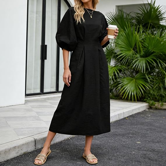 Half Sleeves Loose Solid Color Round-neck Maxi Dresses
