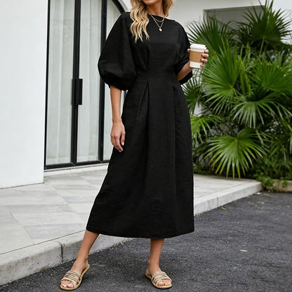 Half Sleeves Loose Solid Color Round-neck Maxi Dresses