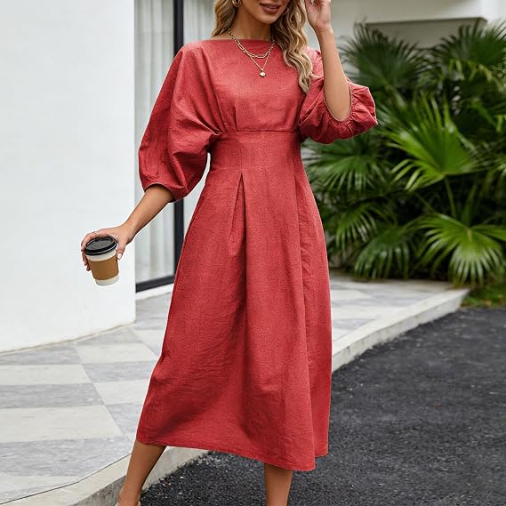 Half Sleeves Loose Solid Color Round-neck Maxi Dresses