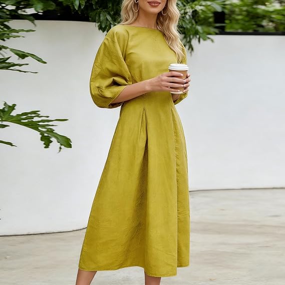 Half Sleeves Loose Solid Color Round-neck Maxi Dresses