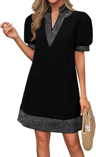Women's Floral Stripe Trim Puff Sleeve Mini Dress