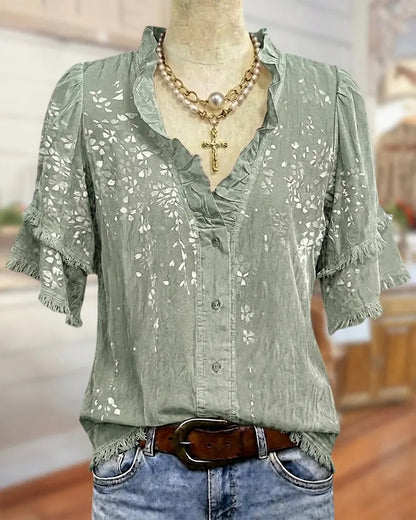 Ruffled V-neck printed button-down shirt