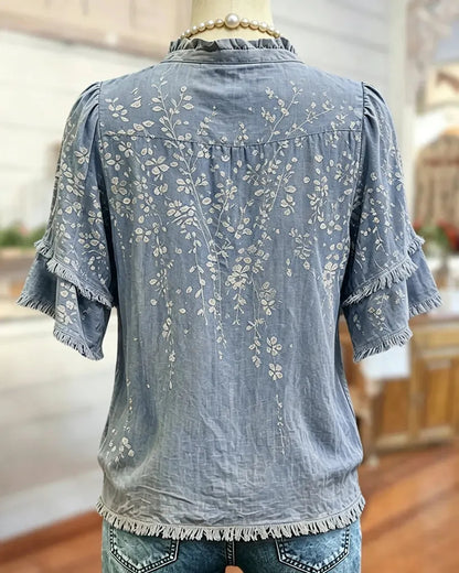 Ruffled V-neck printed button-down shirt