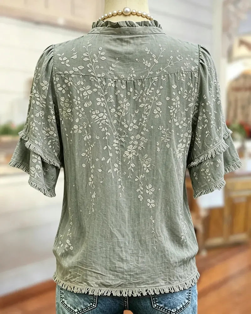 Ruffled V-neck printed button-down shirt
