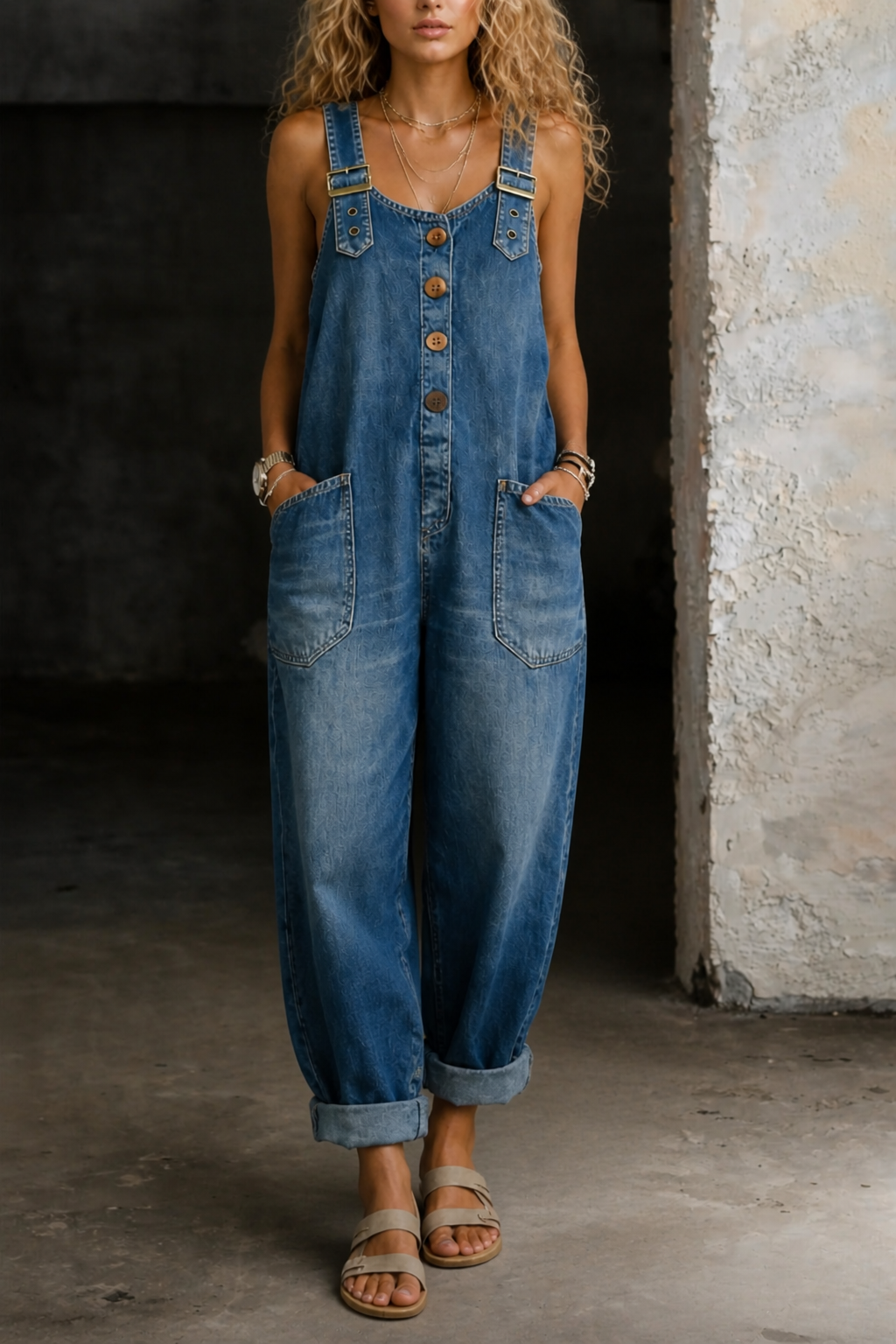 Fashionable retro loose-fitting women's casual adjustable denim jumpsuit