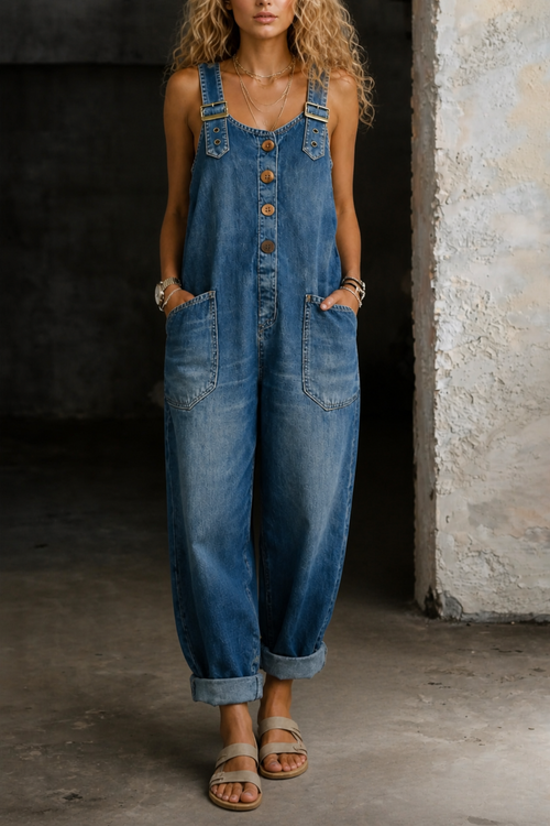 Fashionable retro loose-fitting women's casual adjustable denim jumpsuit