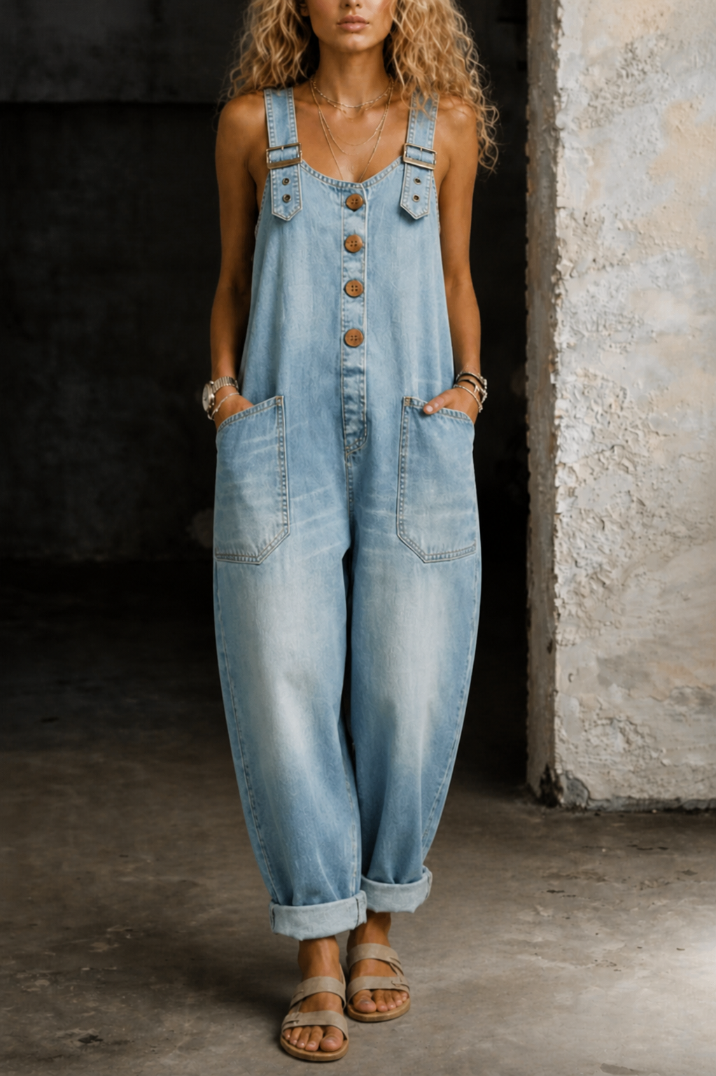 Fashionable retro loose-fitting women's casual adjustable denim jumpsuit