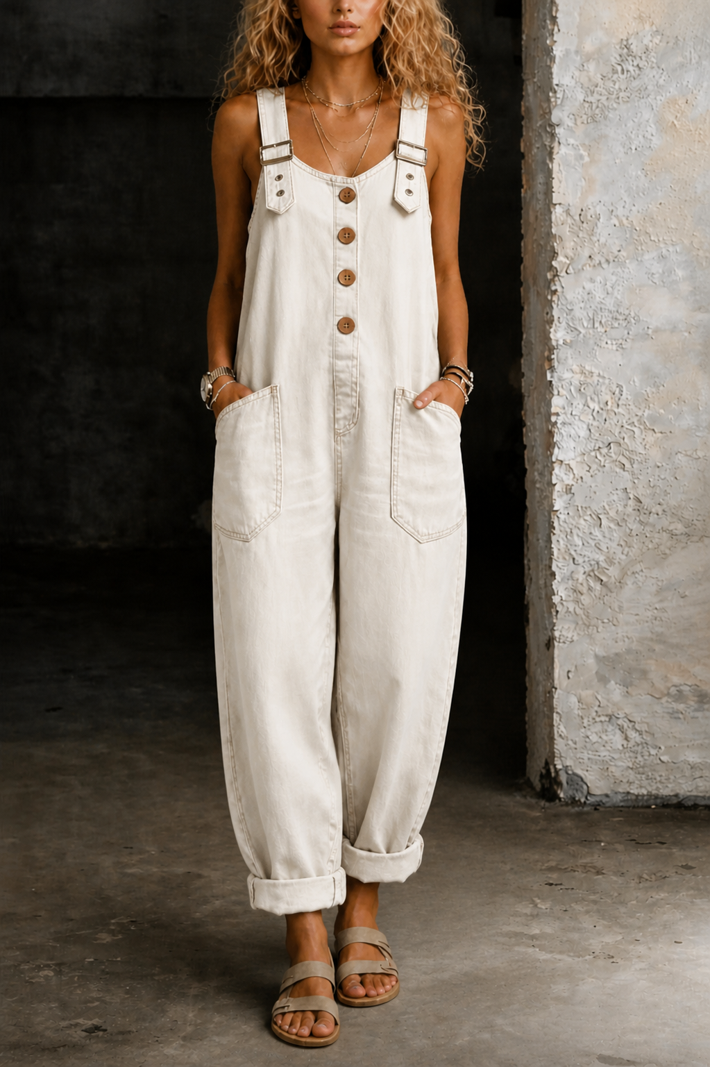 Fashionable retro loose-fitting women's casual adjustable denim jumpsuit