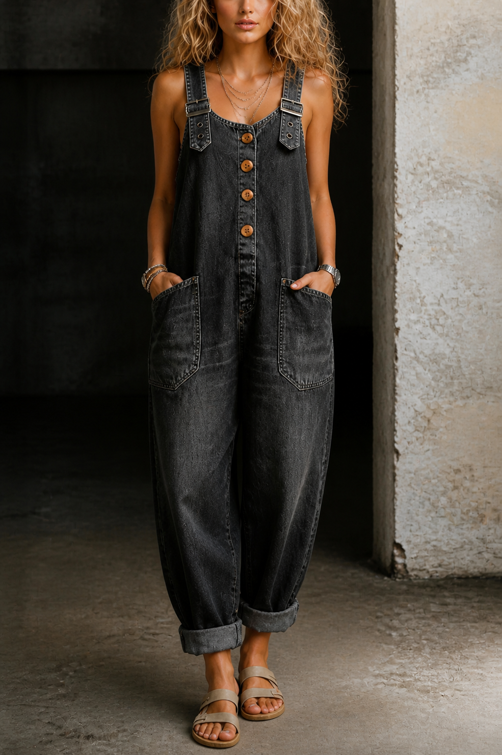 Fashionable retro loose-fitting women's casual adjustable denim jumpsuit