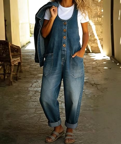 Fashionable retro loose-fitting women's casual adjustable denim jumpsuit