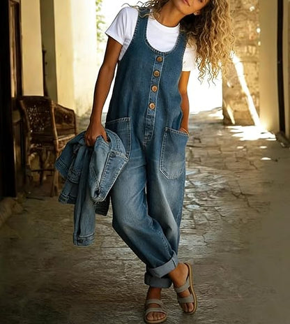 Fashionable retro loose-fitting women's casual adjustable denim jumpsuit