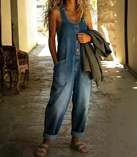 Fashionable retro loose-fitting women's casual adjustable denim jumpsuit