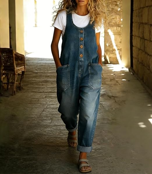 Fashionable retro loose-fitting women's casual adjustable denim jumpsuit
