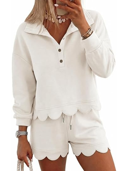 Women's Scallop Hem Half Zip Sweatshirt Shorts Set