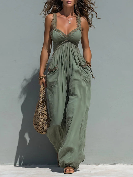 Boho Lace-Trimmed Wide-Leg Jumpsuit With Patch Pockets