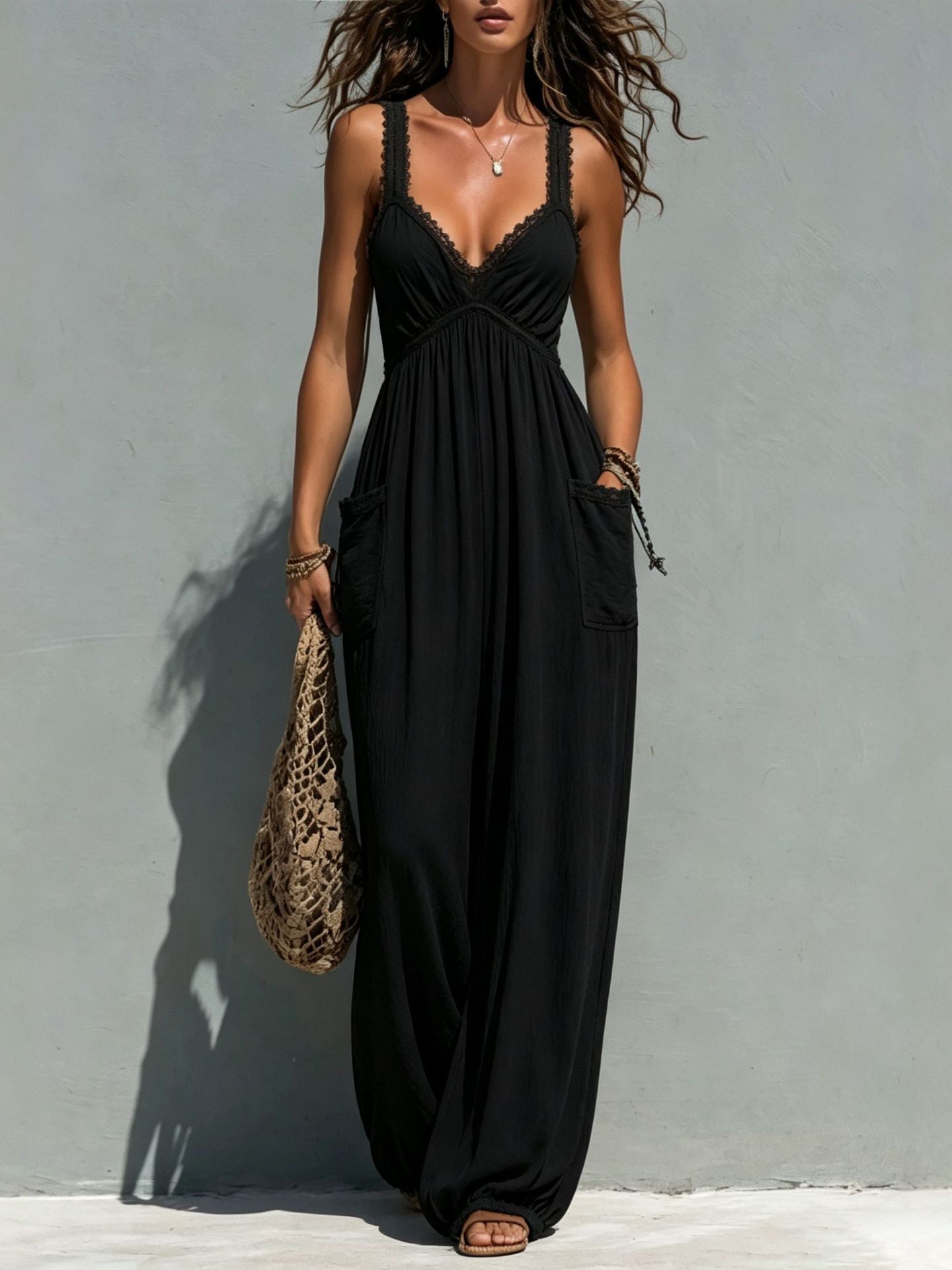 Boho Lace-Trimmed Wide-Leg Jumpsuit With Patch Pockets