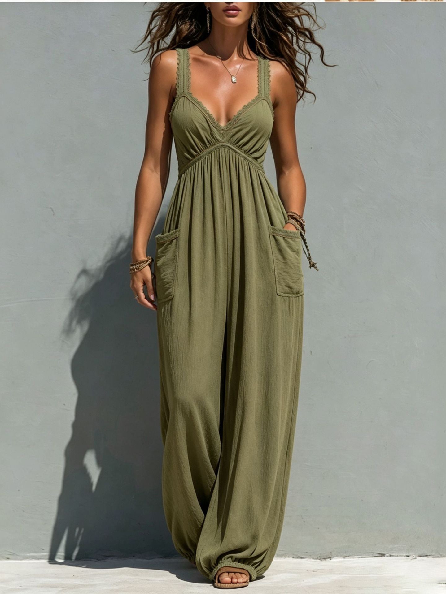 Boho Lace-Trimmed Wide-Leg Jumpsuit With Patch Pockets