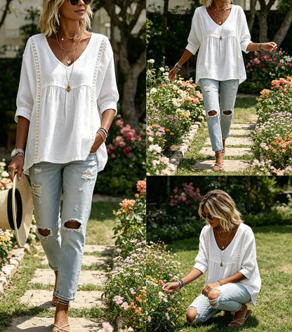 Women's fashionable loose-fitting three-quarter length puff sleeve V-neck lace shirt