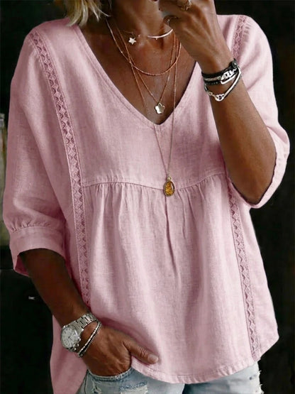 Women's fashionable loose-fitting three-quarter length puff sleeve V-neck lace shirt