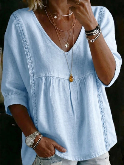 Women's fashionable loose-fitting three-quarter length puff sleeve V-neck lace shirt