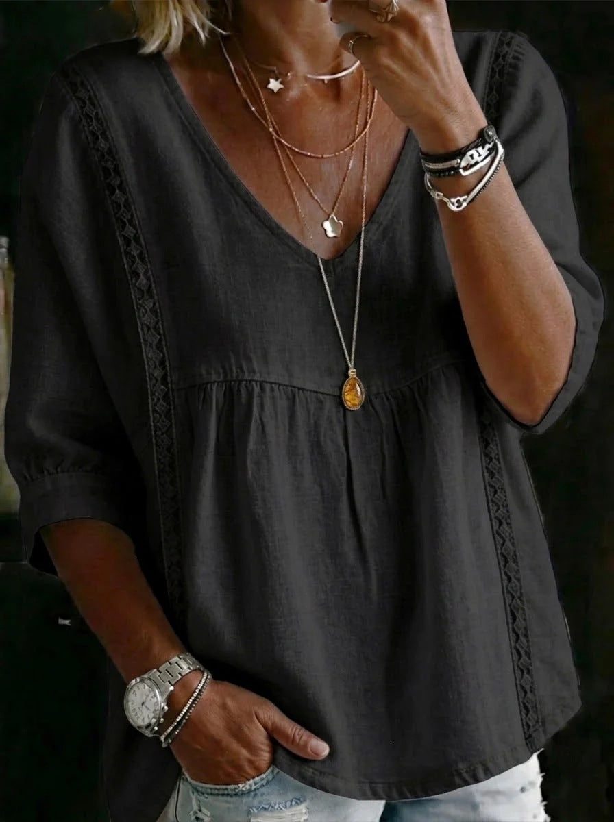 Women's fashionable loose-fitting three-quarter length puff sleeve V-neck lace shirt
