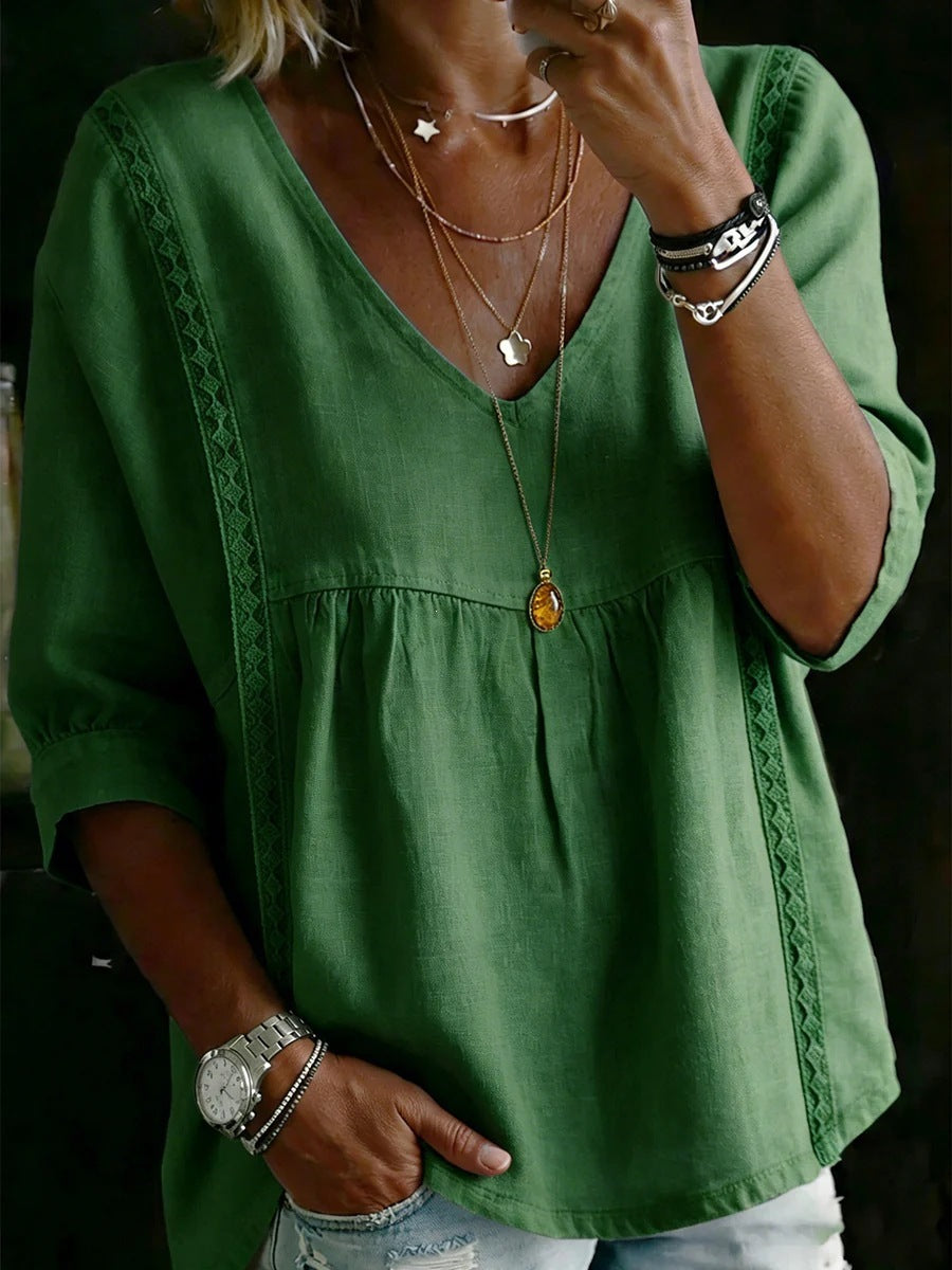 Women's fashionable loose-fitting three-quarter length puff sleeve V-neck lace shirt