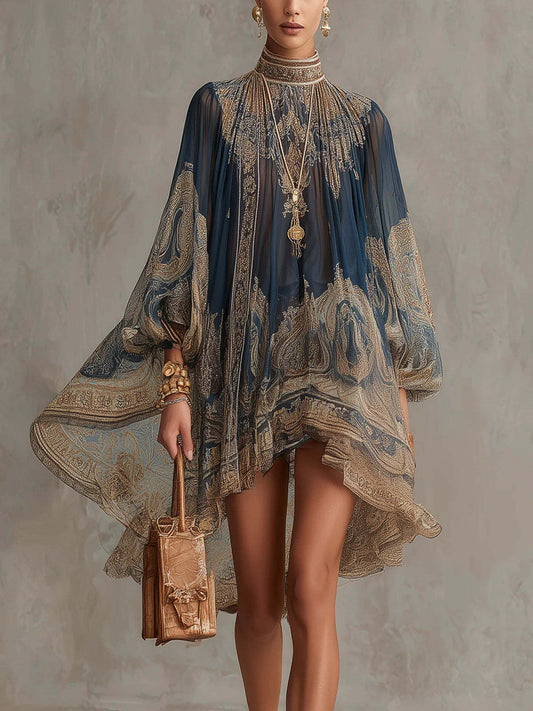 Bohemian Paisley Print High Neck Chiffon Mini Dress