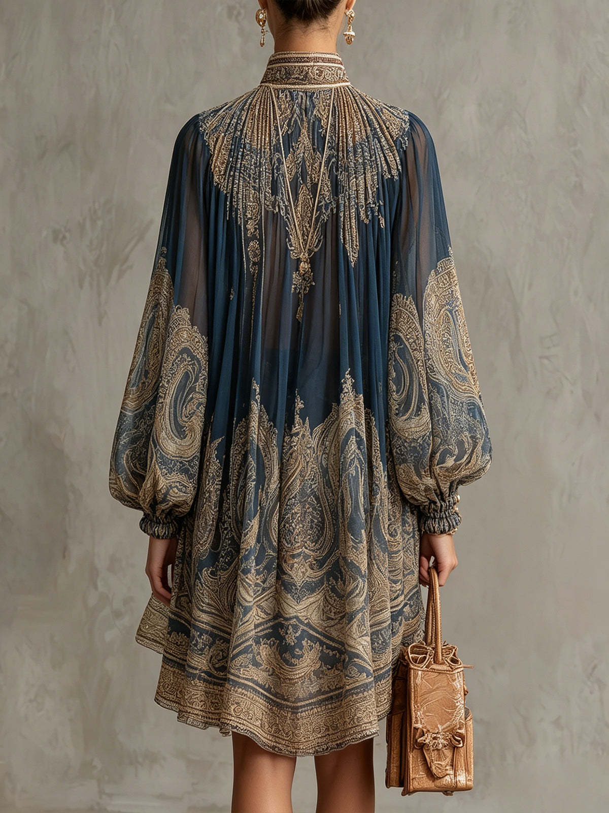 Bohemian Paisley Print High Neck Chiffon Mini Dress