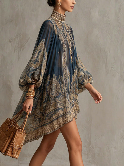Bohemian Paisley Print High Neck Chiffon Mini Dress