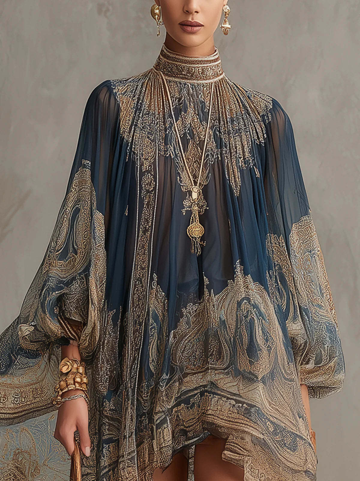 Bohemian Paisley Print High Neck Chiffon Mini Dress