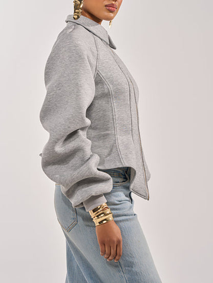 Fitted Ruched Puff Sleeve Zip Up Collared Jacket