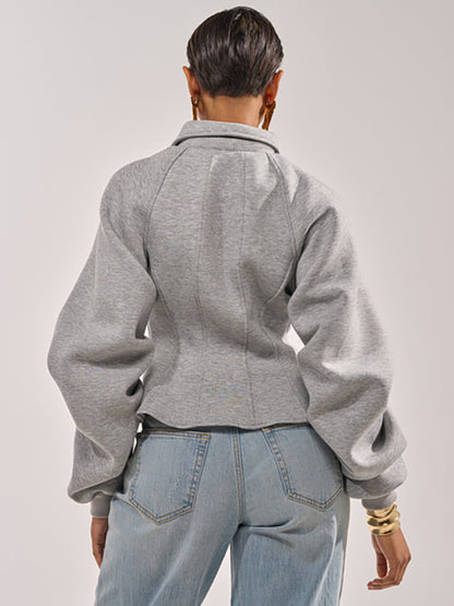 Fitted Ruched Puff Sleeve Zip Up Collared Jacket