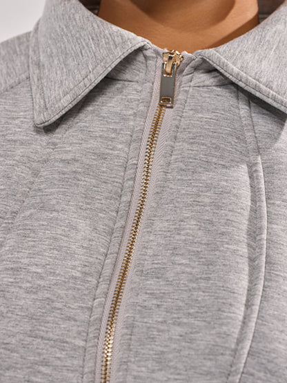 Fitted Ruched Puff Sleeve Zip Up Collared Jacket