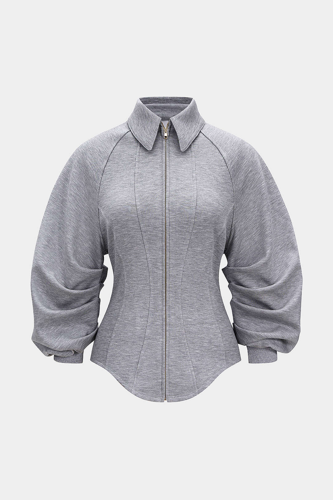 Fitted Ruched Puff Sleeve Zip Up Collared Jacket