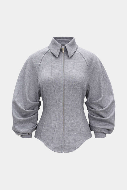 Fitted Ruched Puff Sleeve Zip Up Collared Jacket