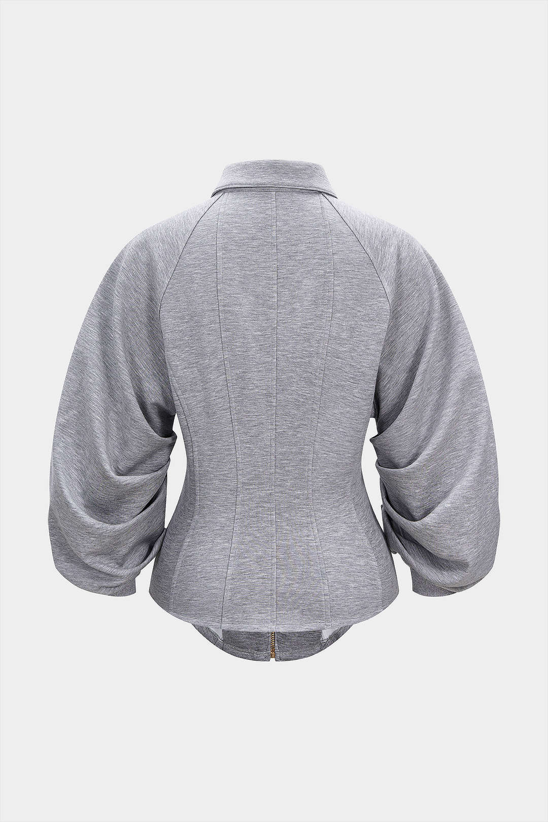 Fitted Ruched Puff Sleeve Zip Up Collared Jacket