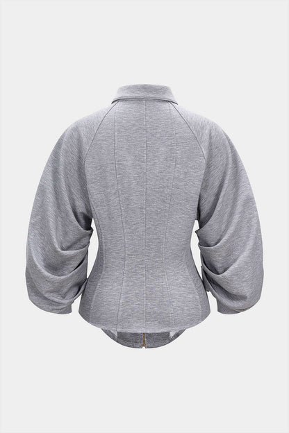 Fitted Ruched Puff Sleeve Zip Up Collared Jacket