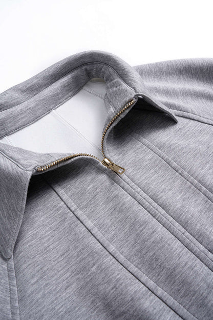 Fitted Ruched Puff Sleeve Zip Up Collared Jacket