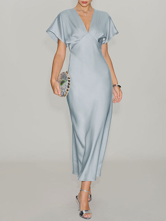 Satin V-Neck Flutter Sleeve Midi Slip Dress