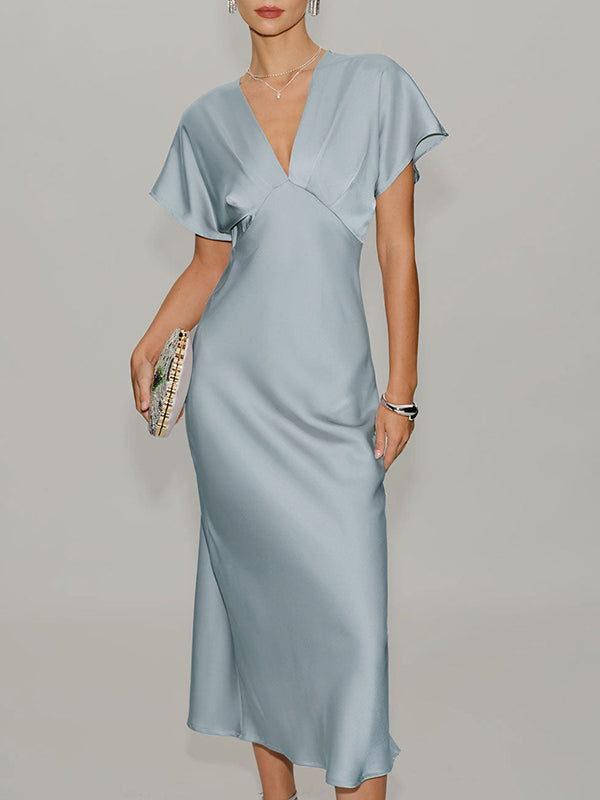 Satin V-Neck Flutter Sleeve Midi Slip Dress