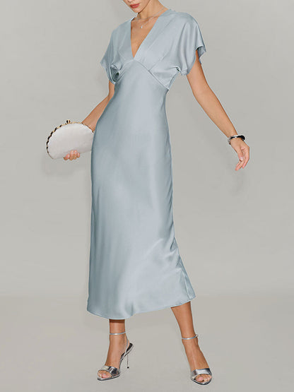 Satin V-Neck Flutter Sleeve Midi Slip Dress