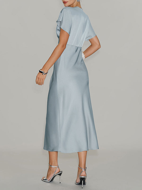 Satin V-Neck Flutter Sleeve Midi Slip Dress