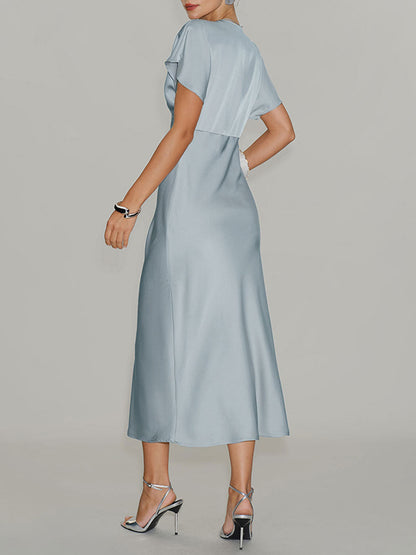 Satin V-Neck Flutter Sleeve Midi Slip Dress
