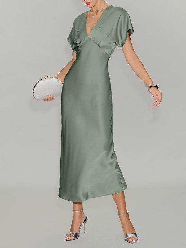 Satin V-Neck Flutter Sleeve Midi Slip Dress